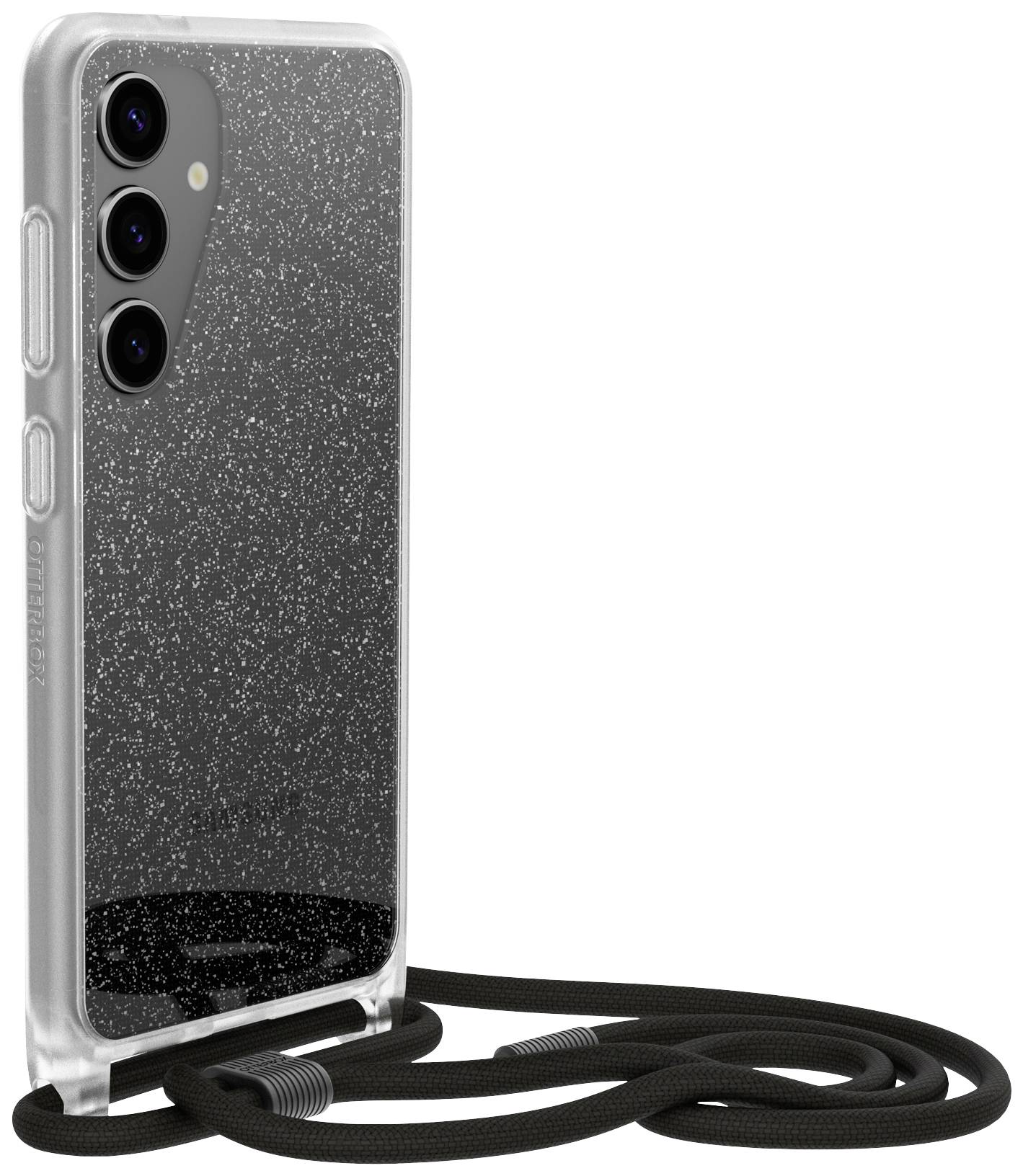 Przezroczyste etui na telefon z brokatem i czarną smyczką, nadające się do noszenia jako etui na szyję. Widoczne potrójne wycięcia na aparat.