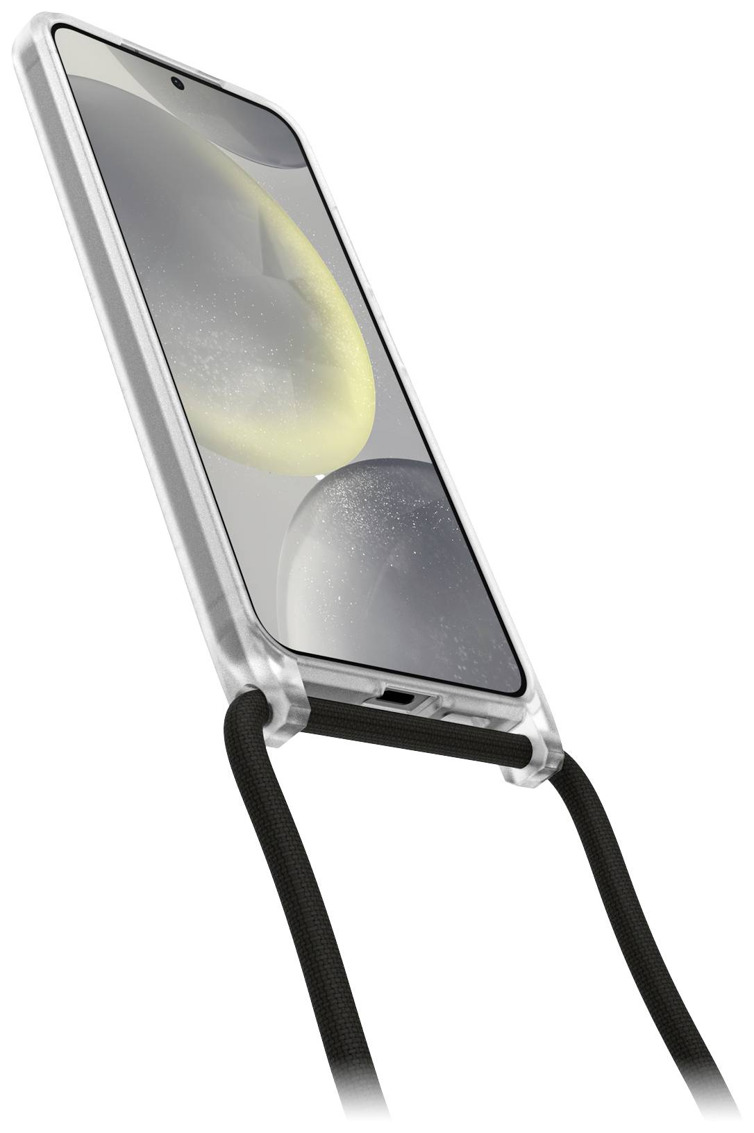 Smartfon w przezroczystej obudowie z czarnym paskiem na szyję. Ekran wyświetla abstrakcyjny wzór tła.