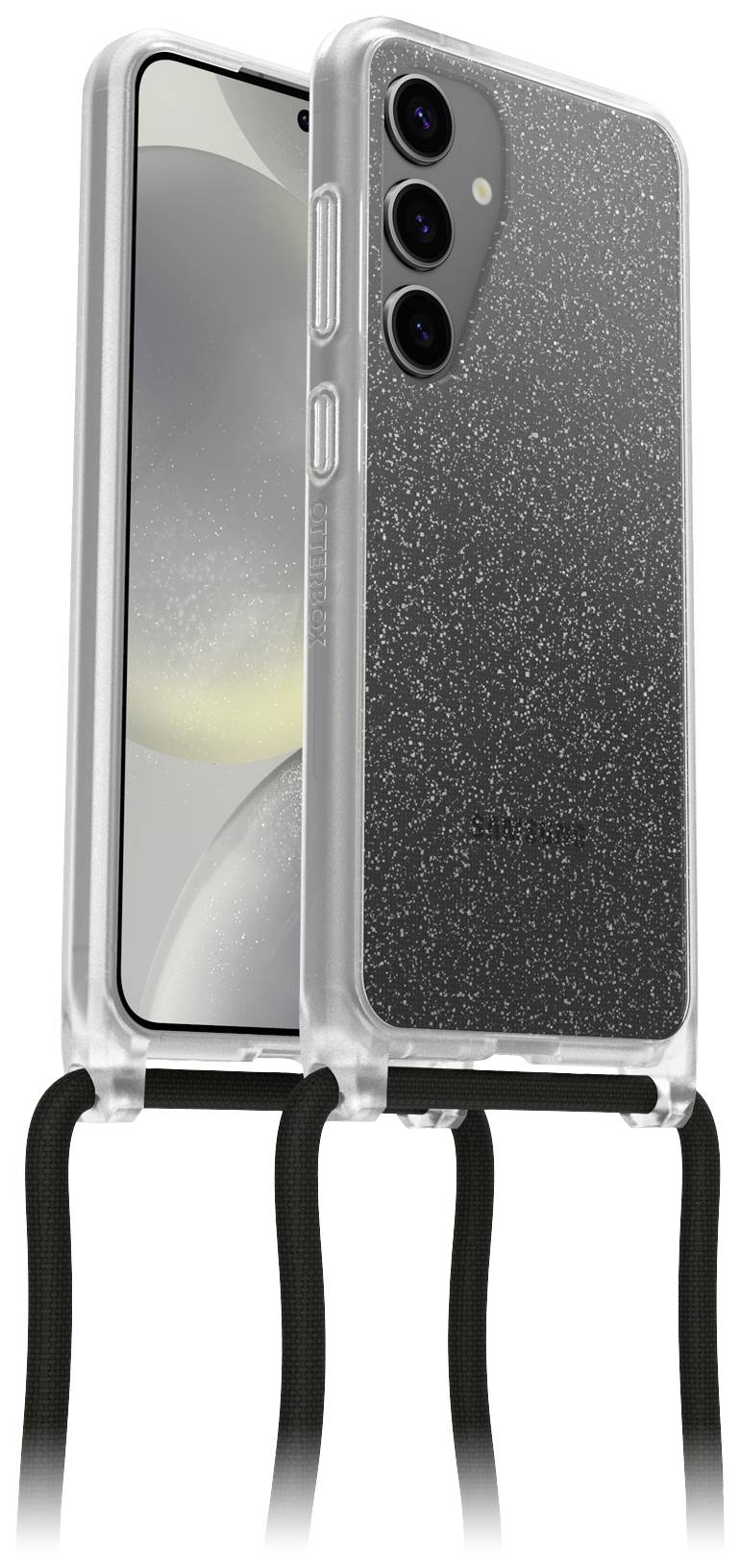 Smartfon w błyszczącej obudowie z paskiem. Z tyłu widoczne trzy obiektywy aparatu. Ekran wyświetla abstrakcyjny wzór.