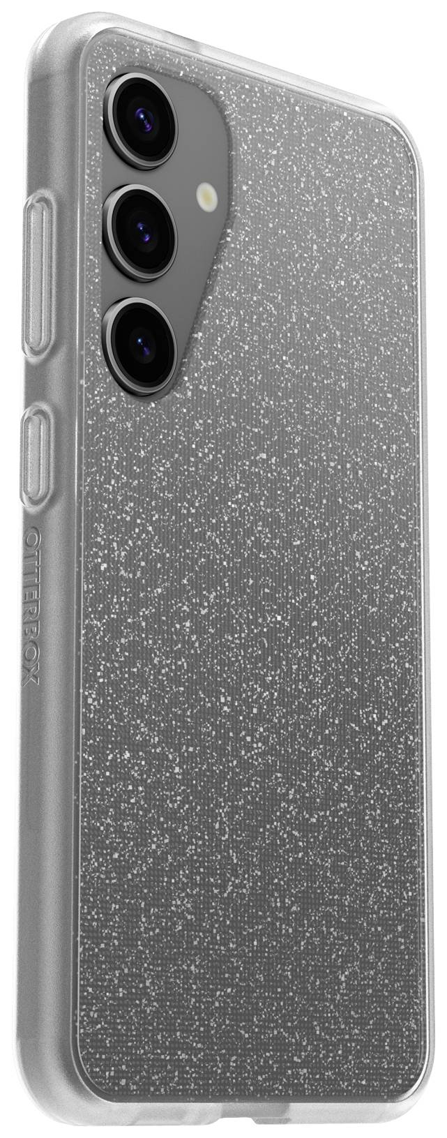 Srebrny smartfon z błyszczącą obudową, trzy obiektywy aparatu znajdujące się w lewym górnym rogu tylnej części telefonu.