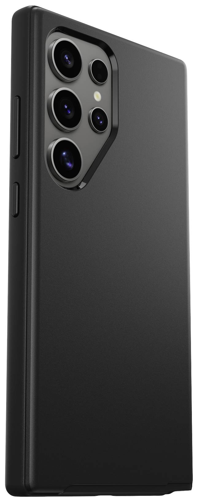 Czarny smartfon z wieloma obiektywami aparatu na tylnej stronie, ustawiony pod lekkim kątem w kierunku lewej strony.