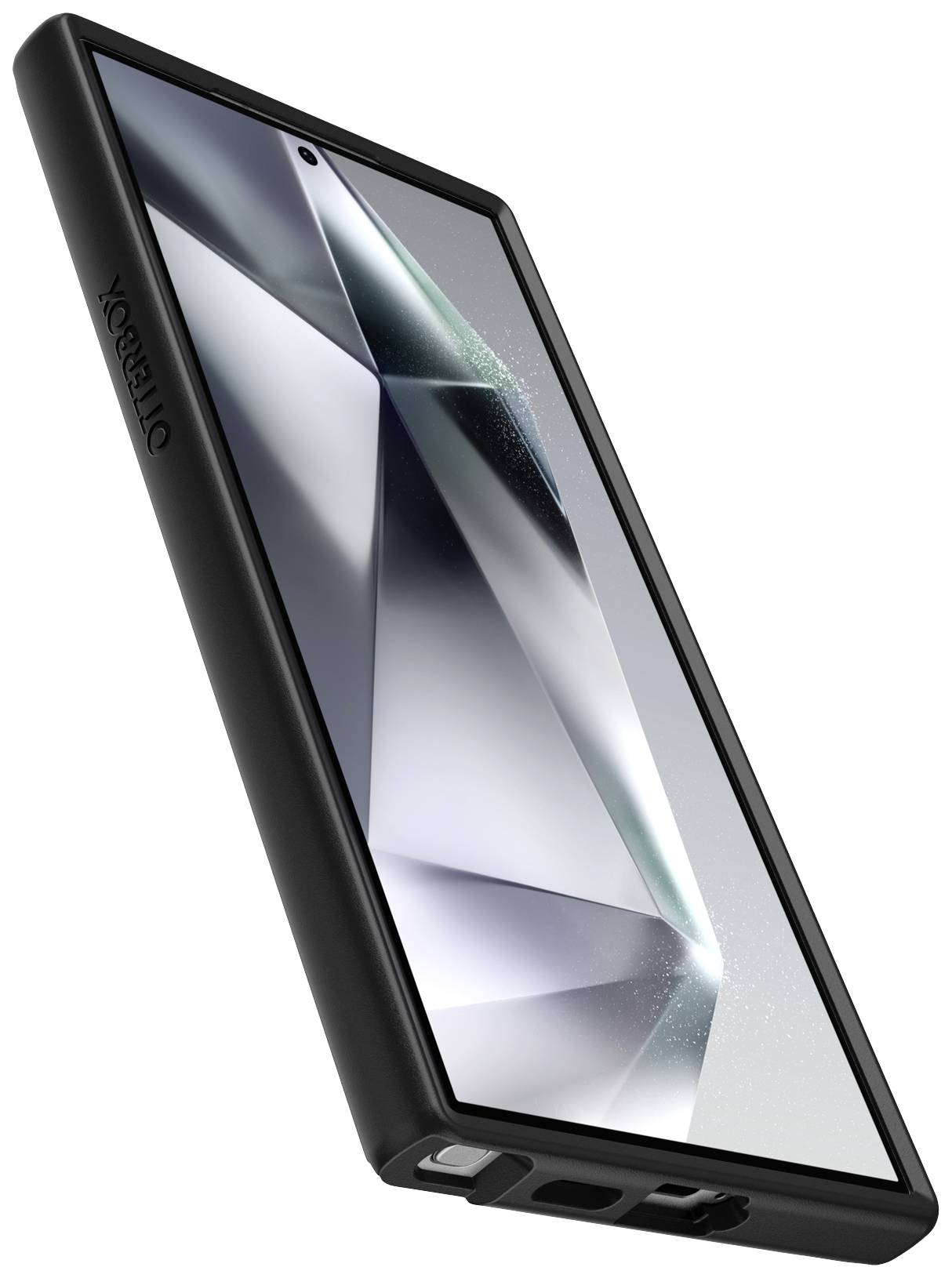 Smartfon w czarnym etui ochronnym z lustrzanym wyświetlaczem, lekko pochylony. Widoczne otwory portów przyłączeniowych od spodu.
