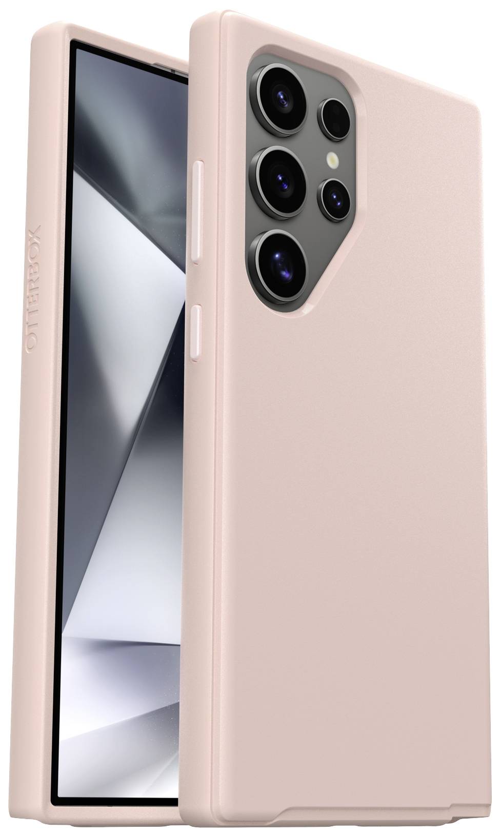 Smartfon z różową obudową ochronną, pochylony ekran widoczny, kilka obiektywów aparatu z tyłu.