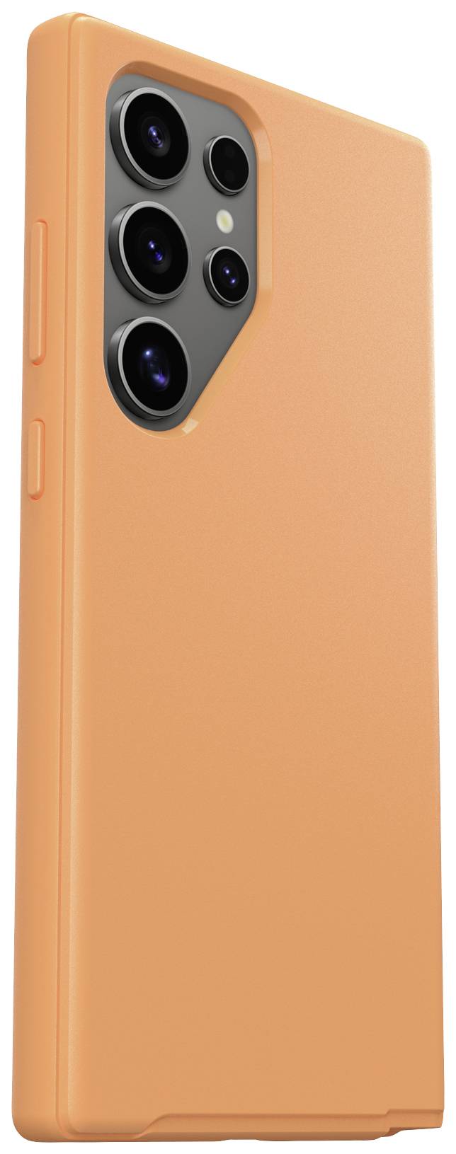 Pomarańczowy smartfon w ochronnym etui, z fokusem na tylny aparat z wieloma obiektywami.