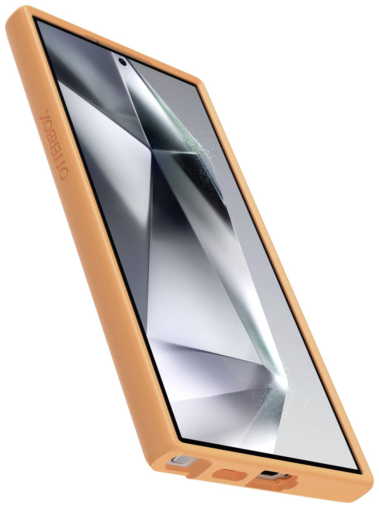 Smartfon w pomarańczowej obudowie Otterbox, wyświetlający geometryczny wzór tła na ekranie.