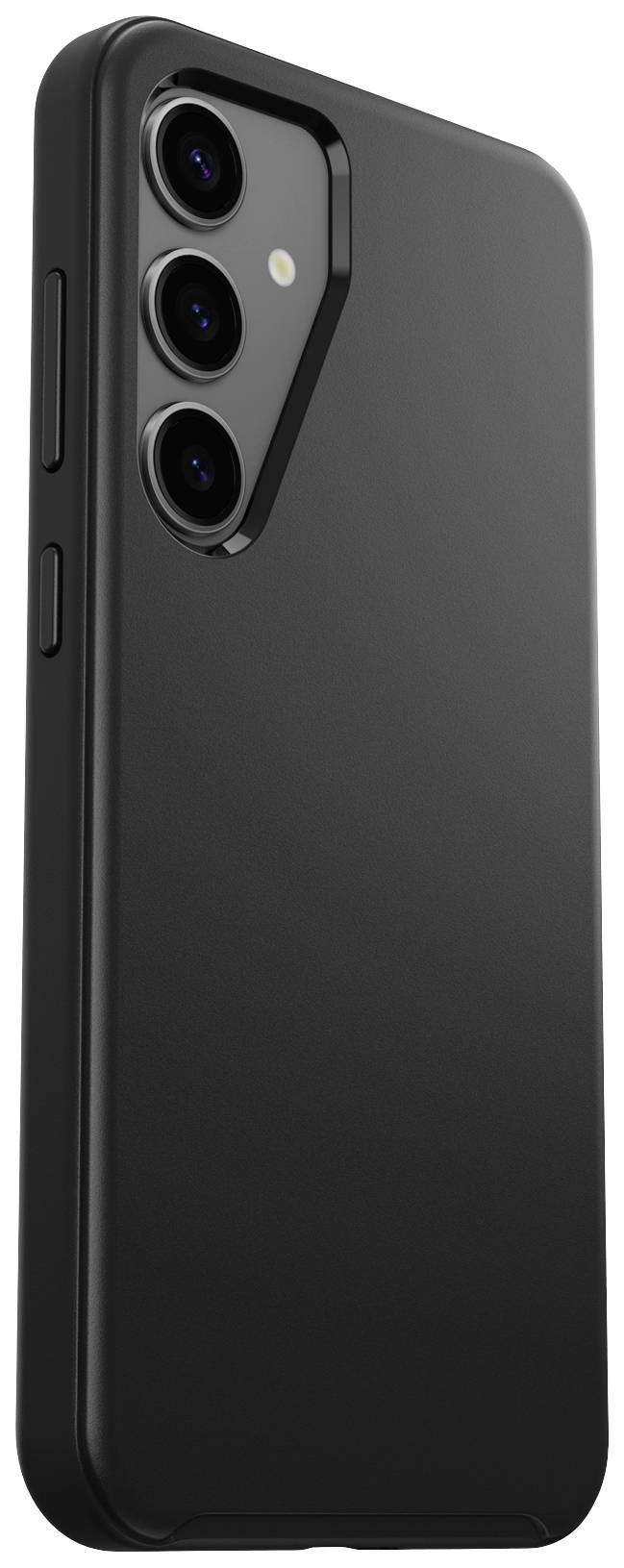 Czarny smartfon z trzema kamerami tylnymi ustawionymi pionowo. Obudowa wygląda prosto i nowocześnie.
