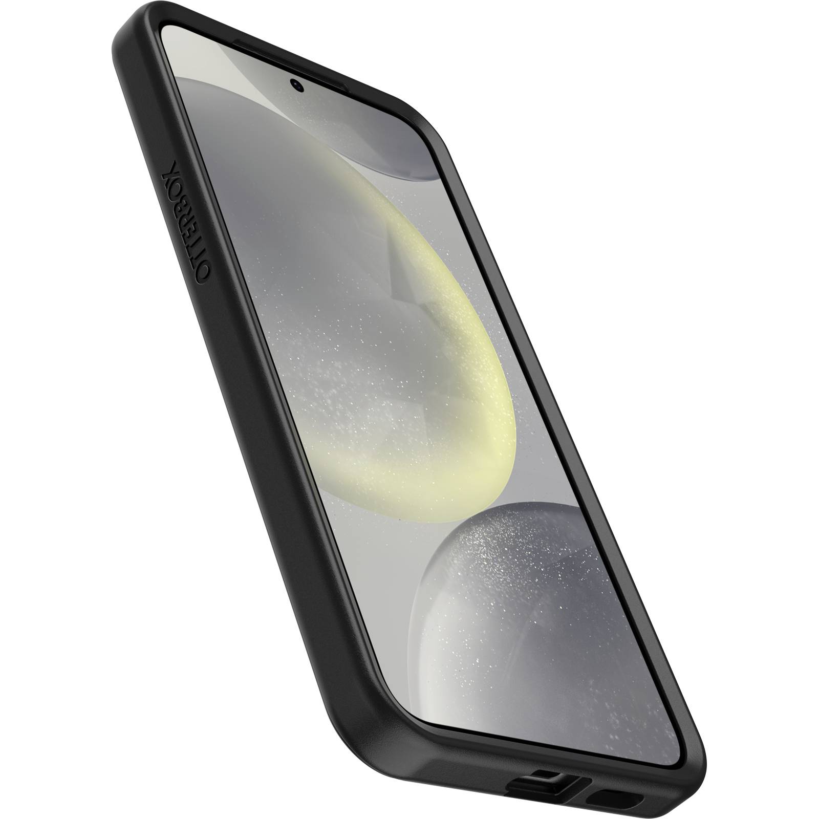 Smartfon w solidnym, czarnym etui marki OtterBox, lekko pochylony. Na ekranie widoczny dynamiczny, abstrakcyjny projekt graficzny.