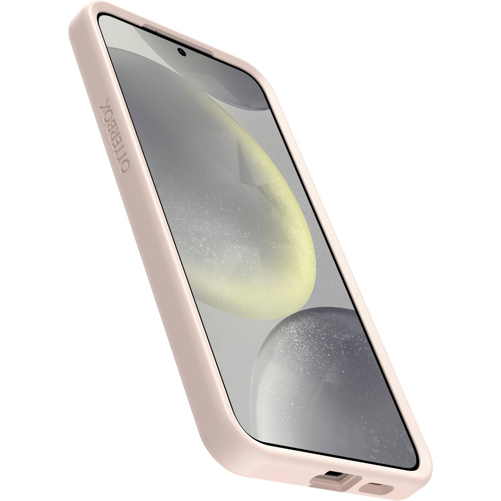 Smartfon w wytrzymałej, jasnej obudowie firmy OtterBox, sfotografowany pod skosem z przodu. Wyświetlacz prezentuje jasne i ciemne, okrągłe kształty.