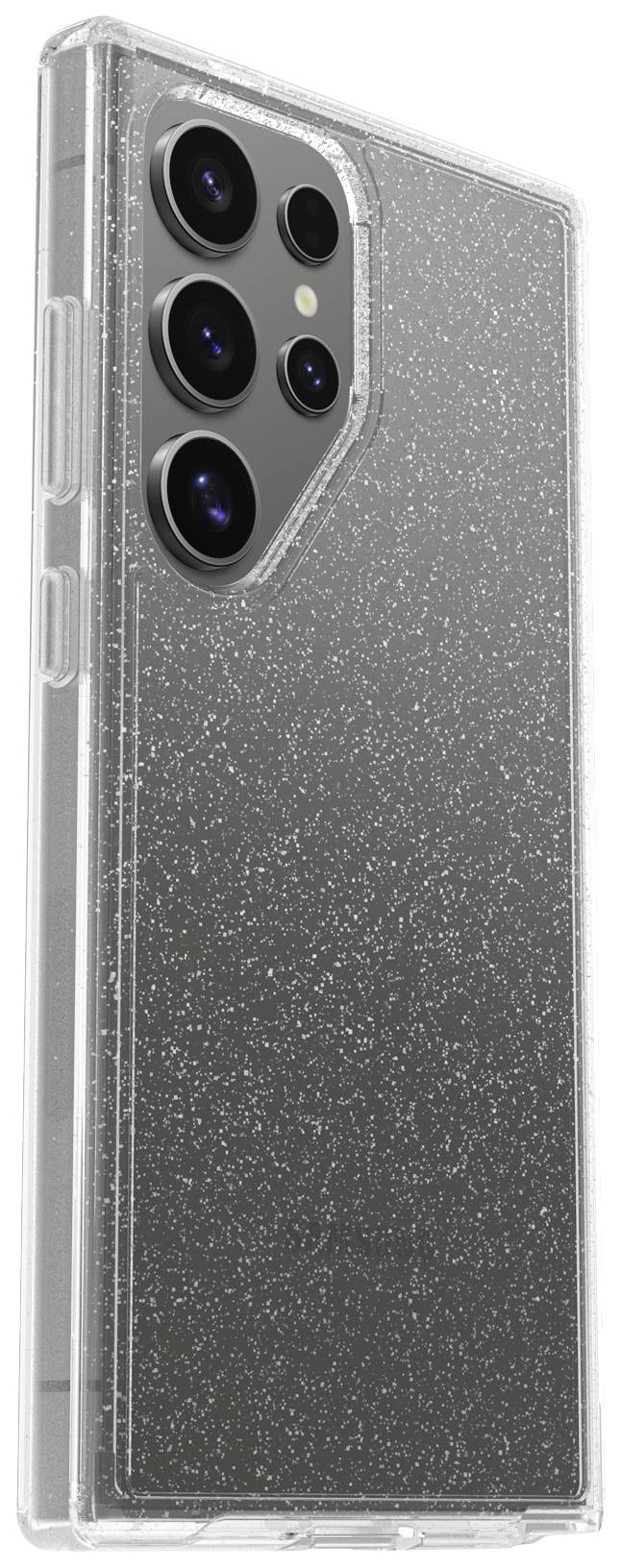 Smartfon w przezroczystej, błyszczącej obudowie z widocznymi obiektywami aparatu na tylnej stronie.