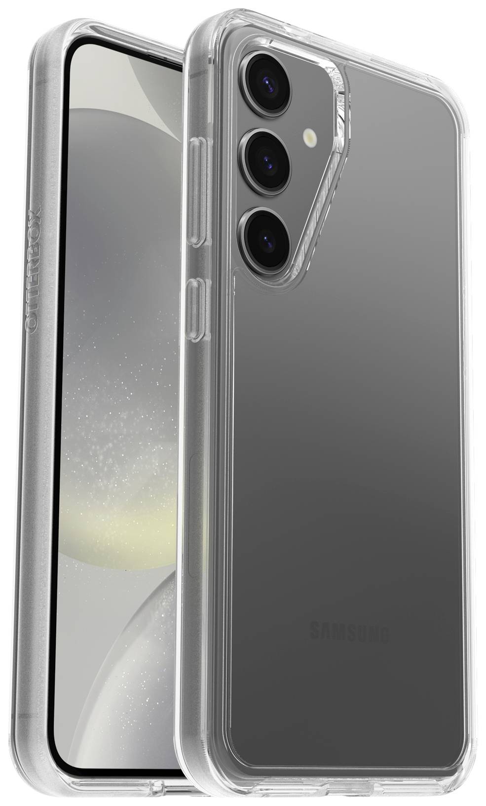 Smartfon z przezroczystą obudową ochronną jest pokazany pod skosem z boku, a na tylnej stronie widoczne są trzy obiektywy aparatu.