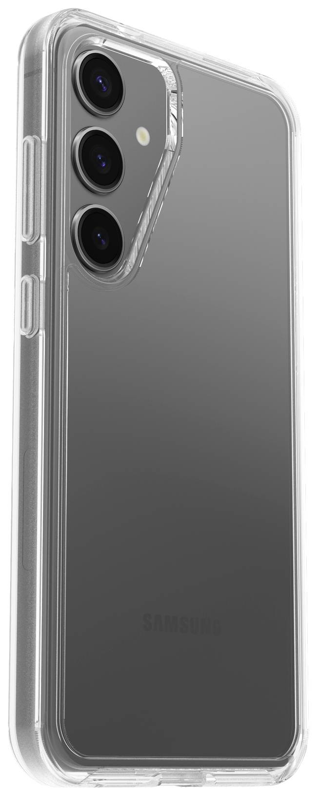 Przezroczyste etui na telefon z trzema otworami na kamery, prezentujące smartfon.