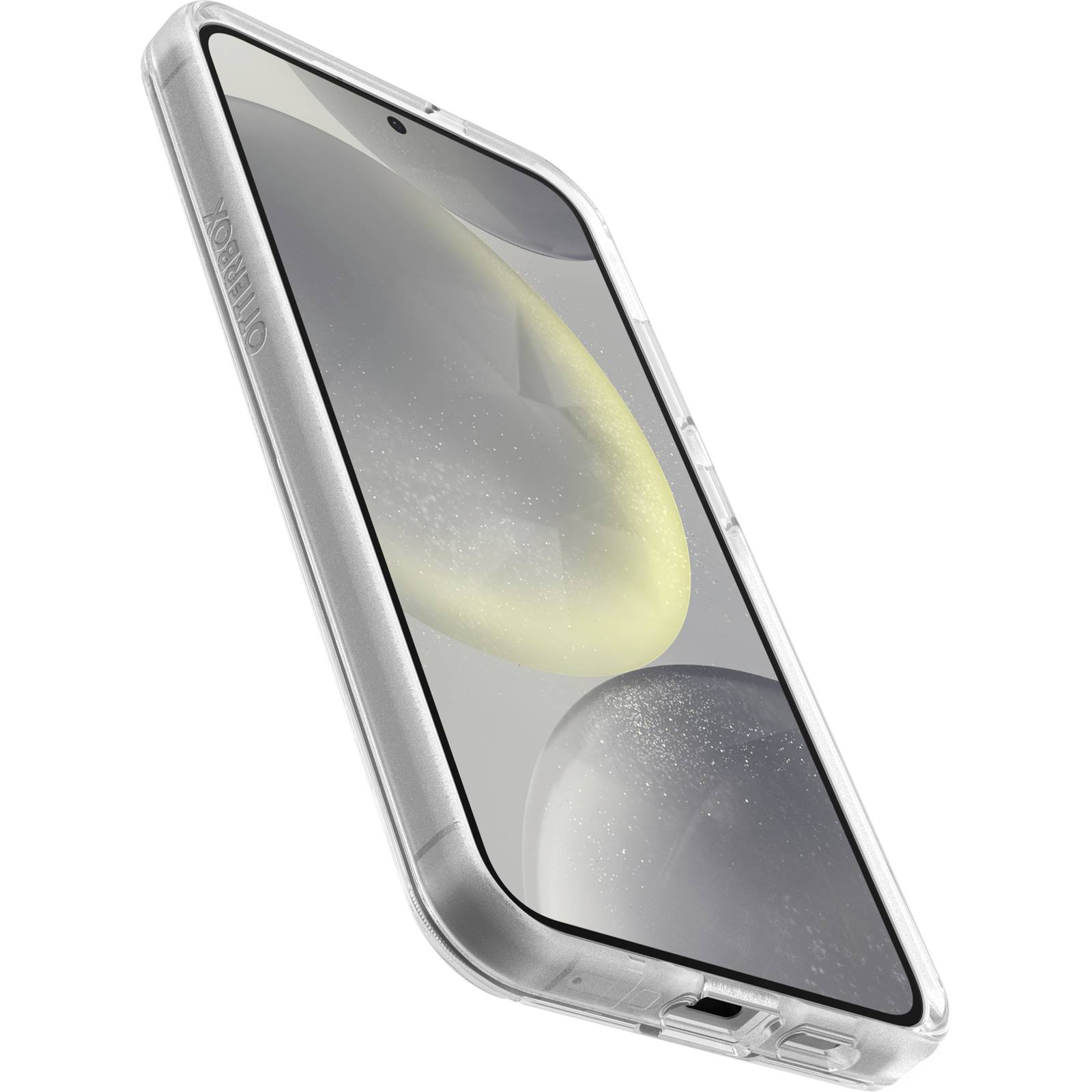 Smartfon z przezroczystą obudową, sfotografowany pod skosem od dołu, pokazujący wyświetlacz z abstrakcyjnymi żółtymi i szarymi kształtami.