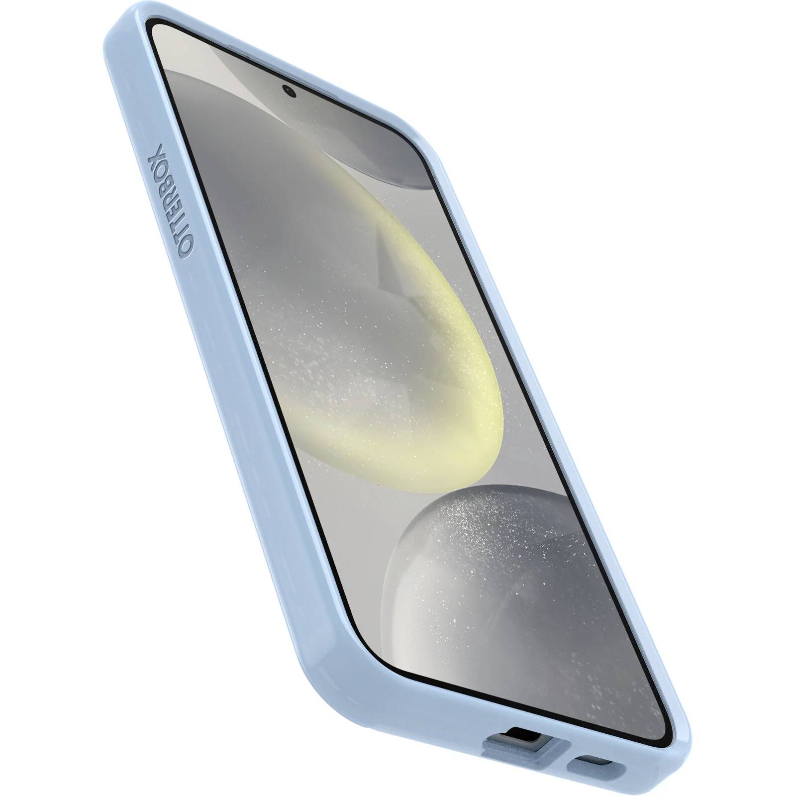 Smartfon w jasnoniebieskim etui firmy Otterbox. Na ekranie widać abstrakcyjny projekt w odcieniach szarości i żółci.