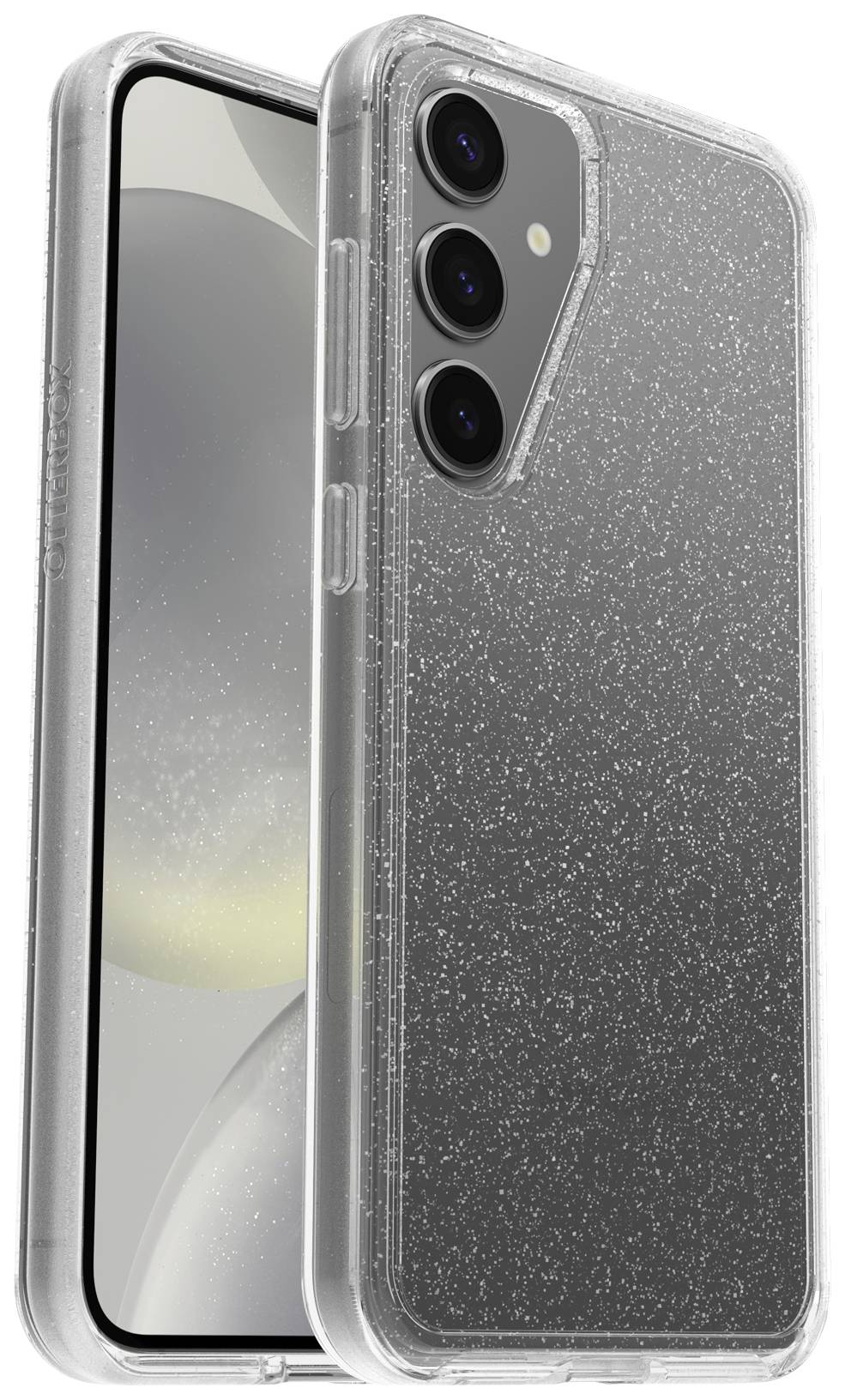 Przezroczysta obudowa na telefon z brokatowym efektem, która otacza smartfon z trzema aparatami z tyłu.