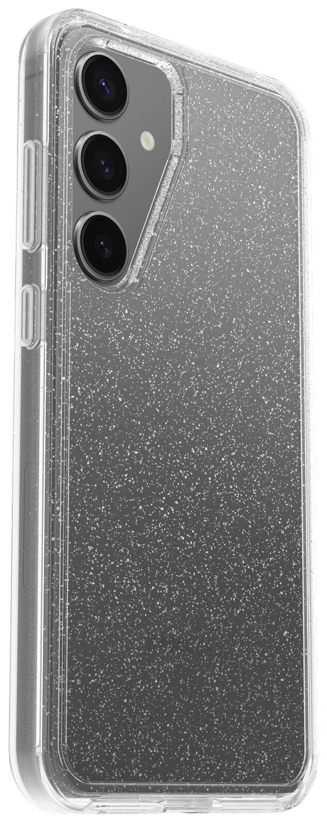 Przezroczyste etui na telefon z efektem brokatu, odpowiednie dla smartfona z trzema obiektywami aparatu.