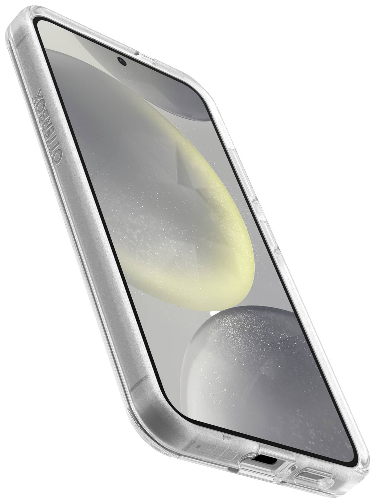 Smartfon z przezroczystą obudową ochronną. Wyświetlacz prezentuje abstrakcyjne, jasne i ciemne kształty.