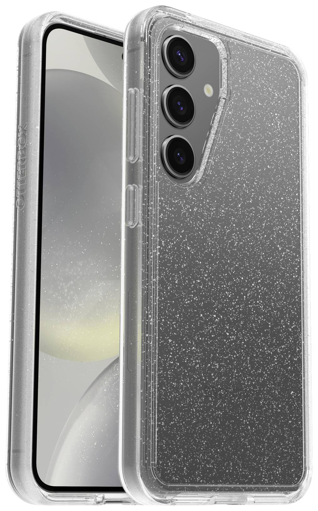 Dwie przezroczyste obudowy do telefonów z efektem brokatu, dopasowane do smartfonów z potrójnym aparatem, prezentujące widok z przodu i z tyłu.