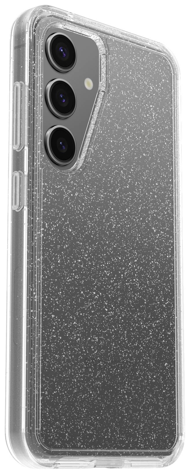 Przezroczyste etui na smartfona z błyszczącym wzorem i wycięciami na trzy obiektywy aparatu z tyłu.