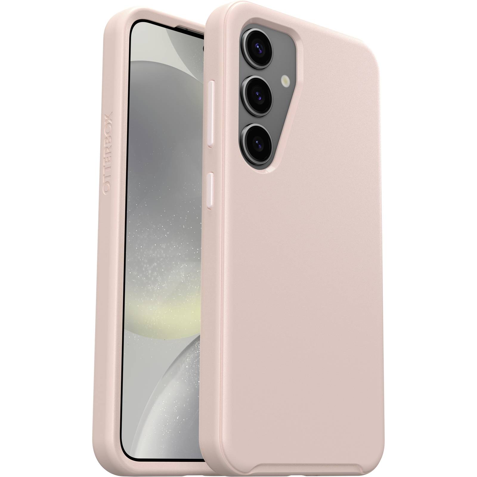 Różowe etui na smartfona marki OtterBox, dopasowane do telefonu z trzema obiektywami aparatu. Prezentuje przednią i tylną stronę pokrowca.