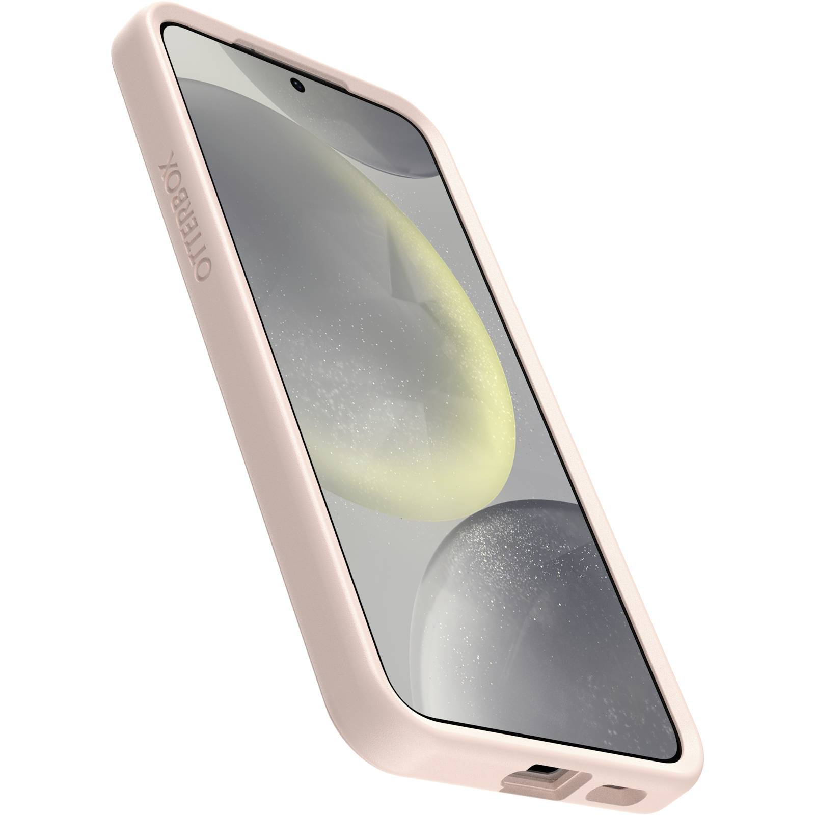 Smartfon z szaro-żółtym tłem na ekranie. Ustawiony pionowo w ochronnej ramce.