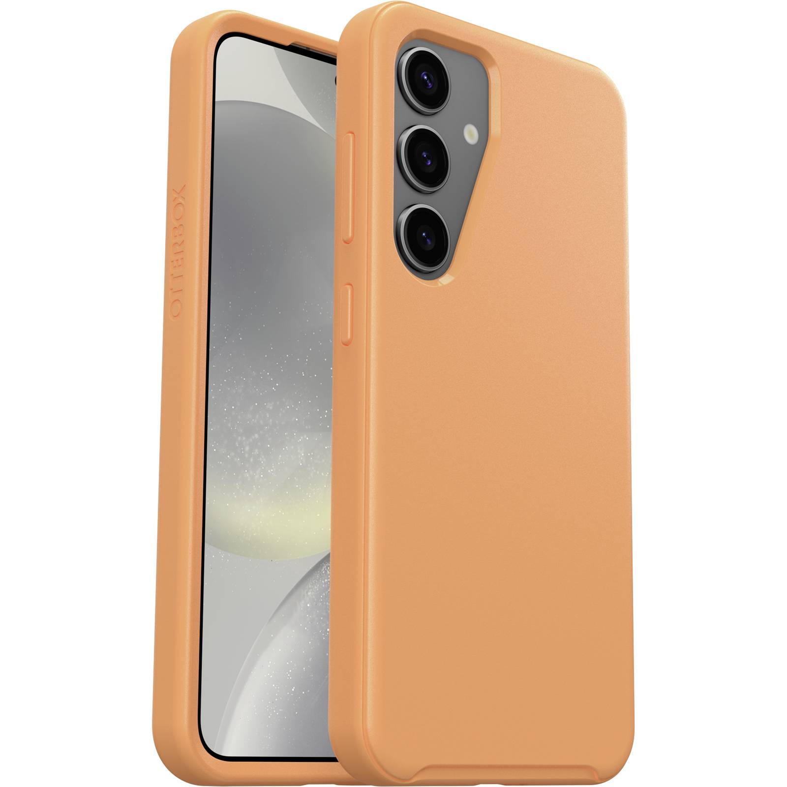 Smartfon w pomarańczowym etui stoi pod skosem, wyświetlając ekran. W tle widoczna jest tylna strona etui.