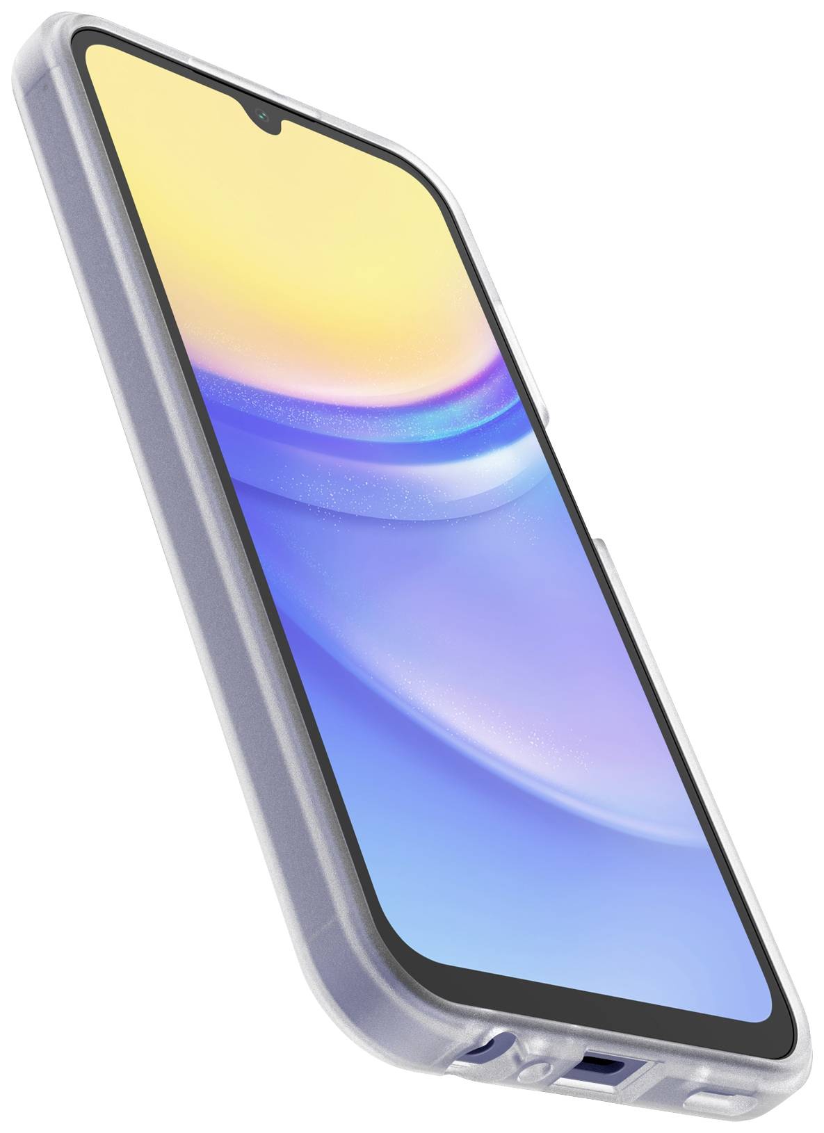 Smartfon o smukłej sylwetce, z czarnym wyświetlaczem, kolorowym tłem i przezroczystą obudową. Urządzenie nie przedstawia konkretnych szczegółów.