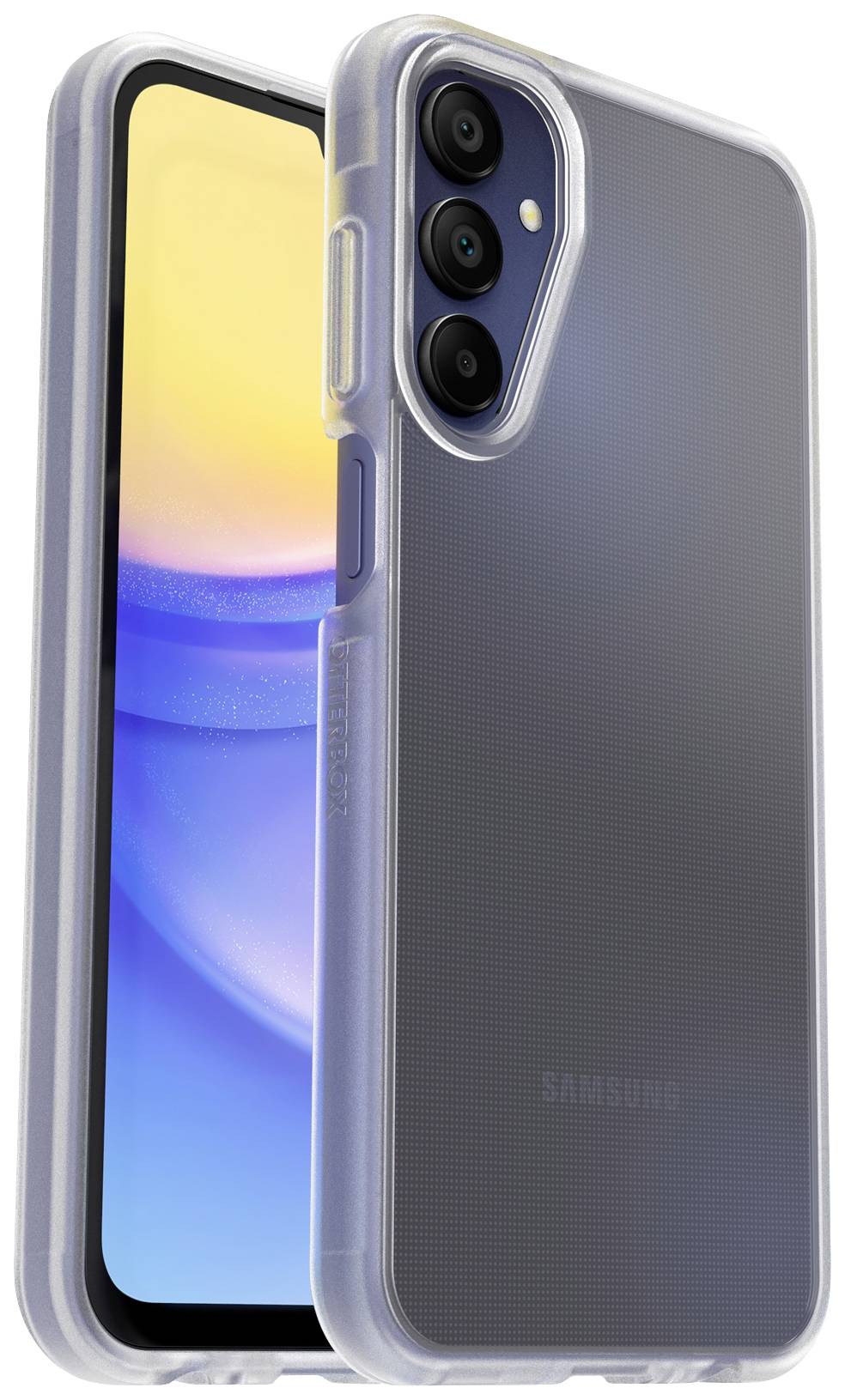 Smartfon z potrójnym aparatem i przezroczystym etui. Przód wyposażony w świecący wyświetlacz, tył widoczny w strukturalnej kompozycji.