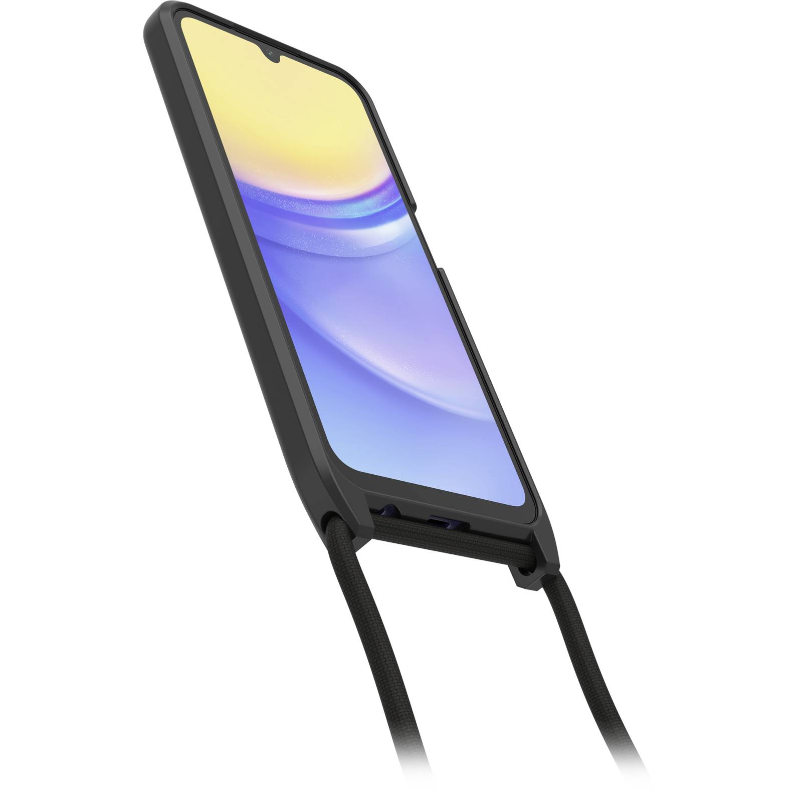 Smartfon w czarnym etui z paskiem do noszenia. Ekran wyświetla tapetę w kolorach niebieskim i żółtym.