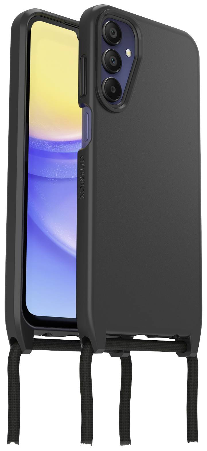 Telefon komórkowe w czarnym etui z trzema sznurkami u dołu, prezentowane jest na żółto-niebieskim tle.
