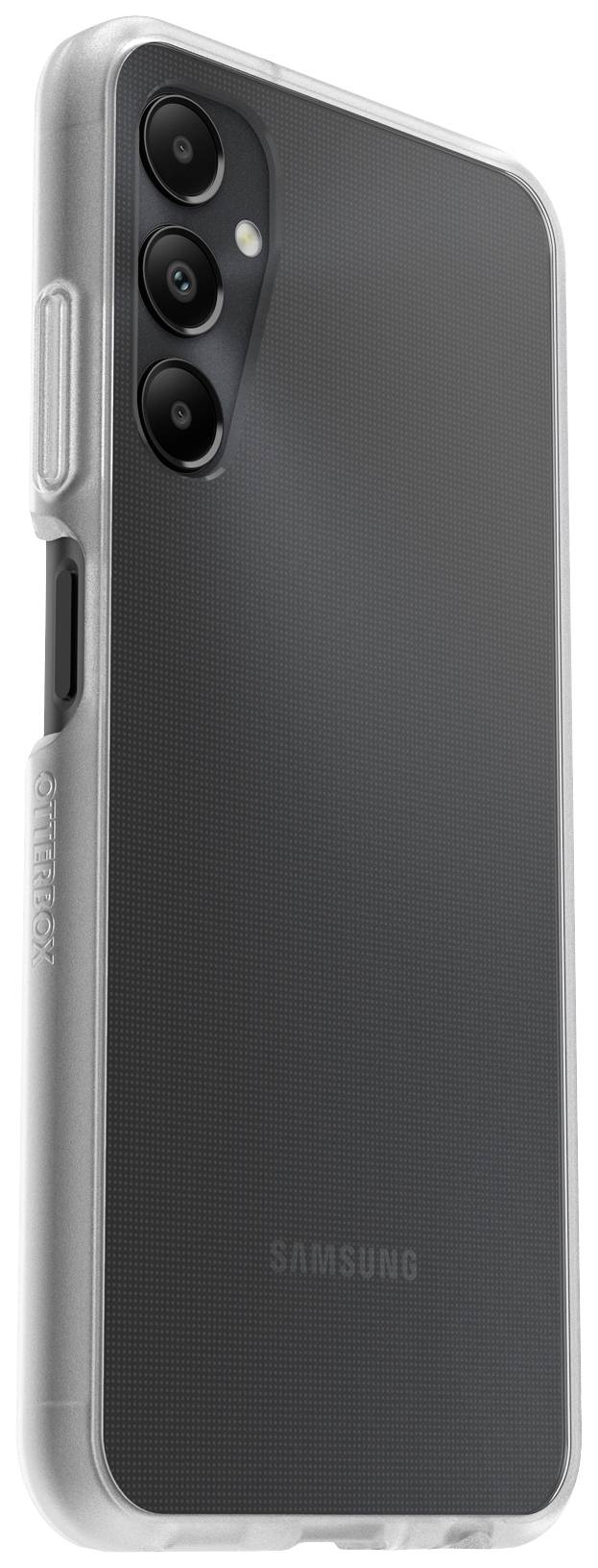 Smartfon z trzema obiektywami aparatu z tyłu i przezroczystą obudową ochronną. Znak firmowy 'Samsung' widoczny u dołu.