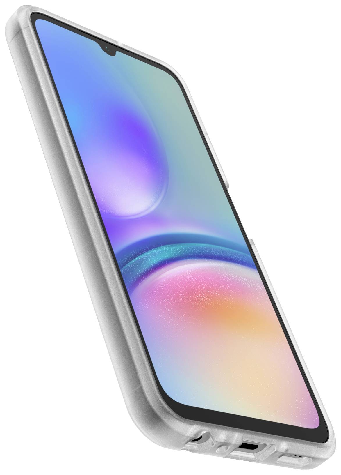 Nowoczesny smartfon z kolorowym wyświetlaczem w przezroczystej obudowie ochronnej, sfotografowany pod skosem od dołu.