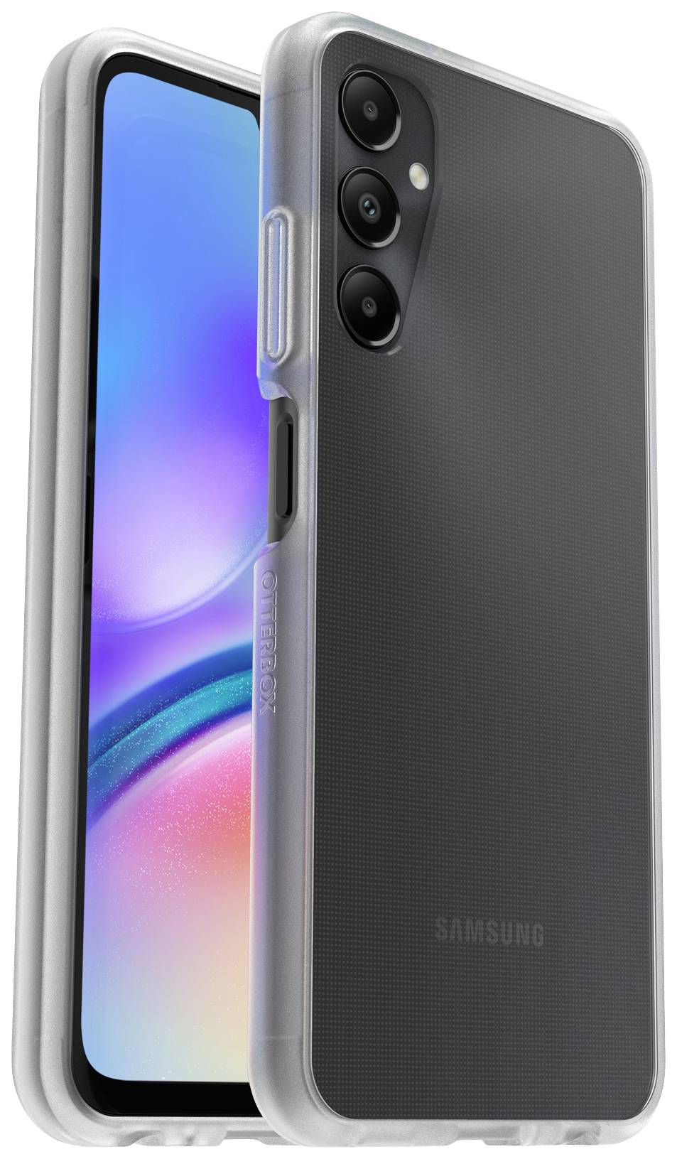 Smartfon w czarnej obudowie z przezroczystą osłoną, prezentujący przednią i tylną stronę. Wyświetlacz świeci się w żywych kolorach.