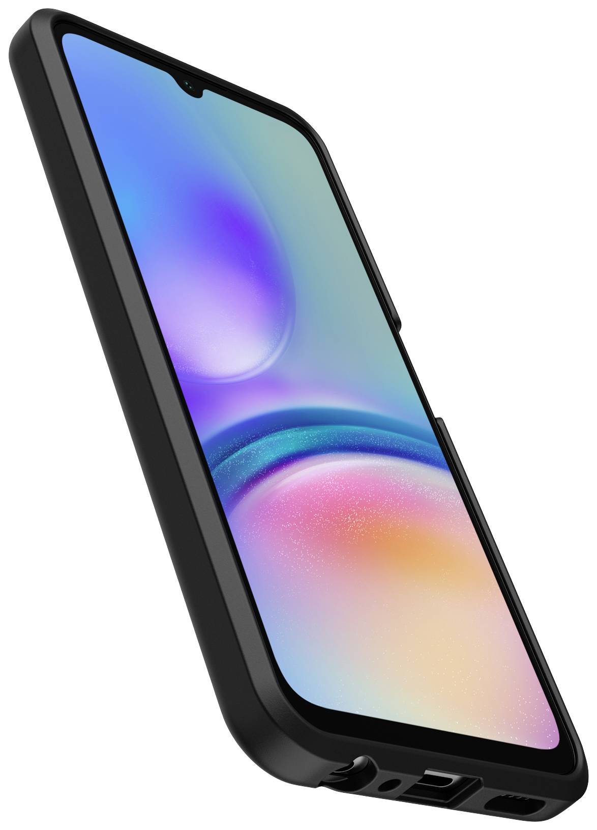 Smartfon w czarnym etui, sfotografowany pod skosem, prezentuje świecący ekran z rozmytymi, kolorowymi barwami.