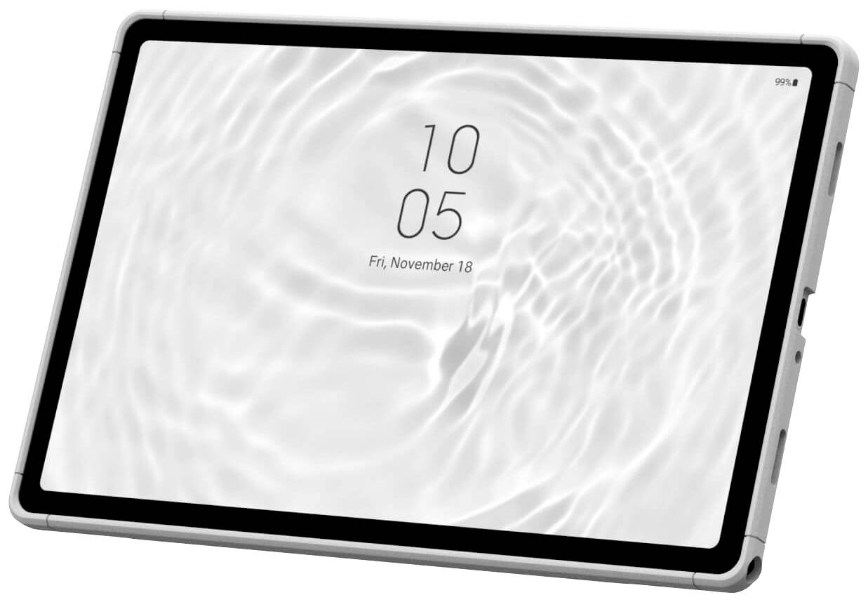 Tablet z wzorem fal na ekranie. Wyświetlana jest godzina '10:05' i data 'Pt., 18 listopada'.