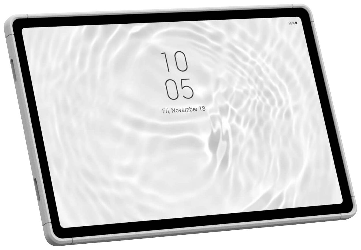 Tablet z ekranem wyświetlającym datę 'Piątek, 18 listopada' i godzinę '10:05' na falistym tle.