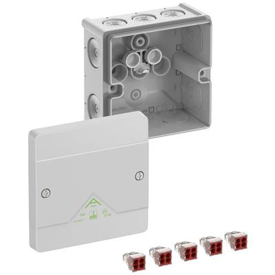 Szara puszka rozgałęźna z zdejmowaną pokrywką, przedstawiona z czerwonymi złączkami. Odpowiednia do instalacji elektrycznych.