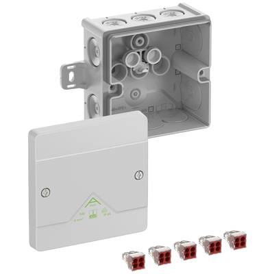 Elektryczna skrzynka instalacyjna z otwartą obudową i zdejmowaną pokrywą. U dołu przedstawiono pięć czerwonych zacisków przyłączeniowych.