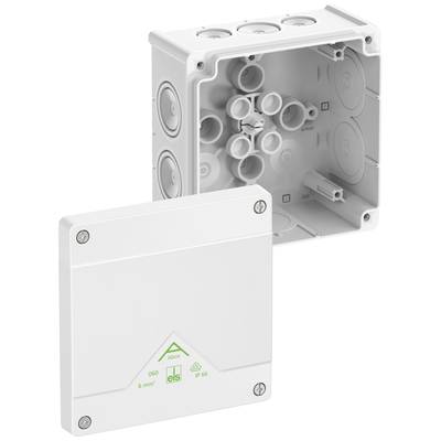 Szare obudowa rozdzielcza z tworzywa sztucznego z zdejmowaną pokrywą, przeznaczona do instalacji elektrycznych, o stopniu ochrony IP66.