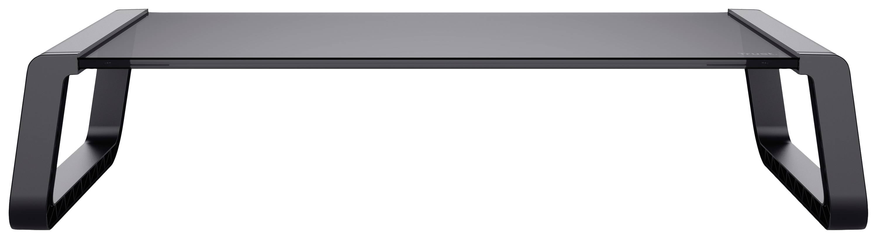 Czarny stojak na monitor wykonany z metalu o nowoczesnym designie, płaskiej powierzchni i wygiętych, stabilnych nogach.