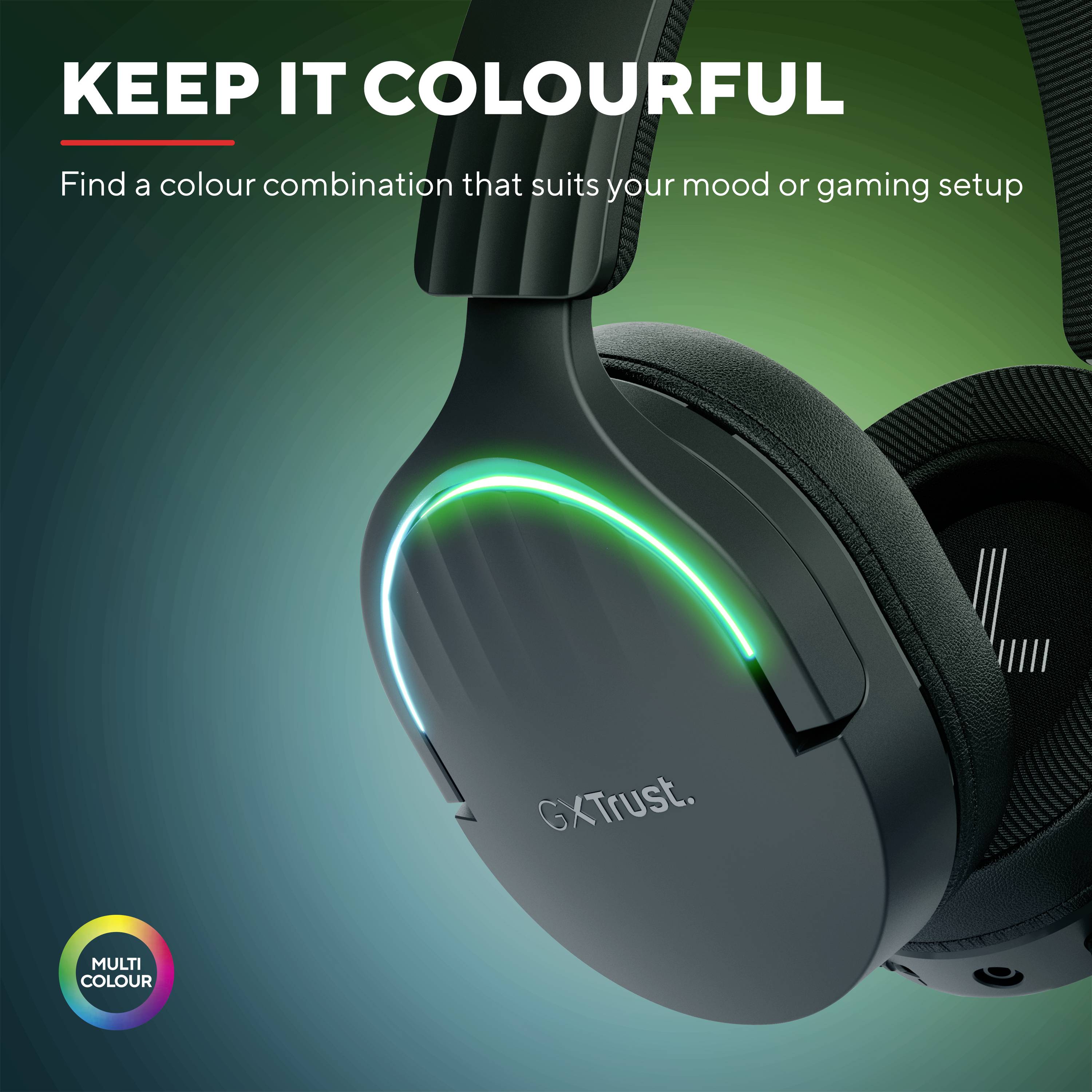 "Farbe bekennen" prezentuje parę słuchawek gamingowych z kolorowym podświetleniem LED, idealnie dopasowanych do różnych stylizacji stanowisk dla graczy.