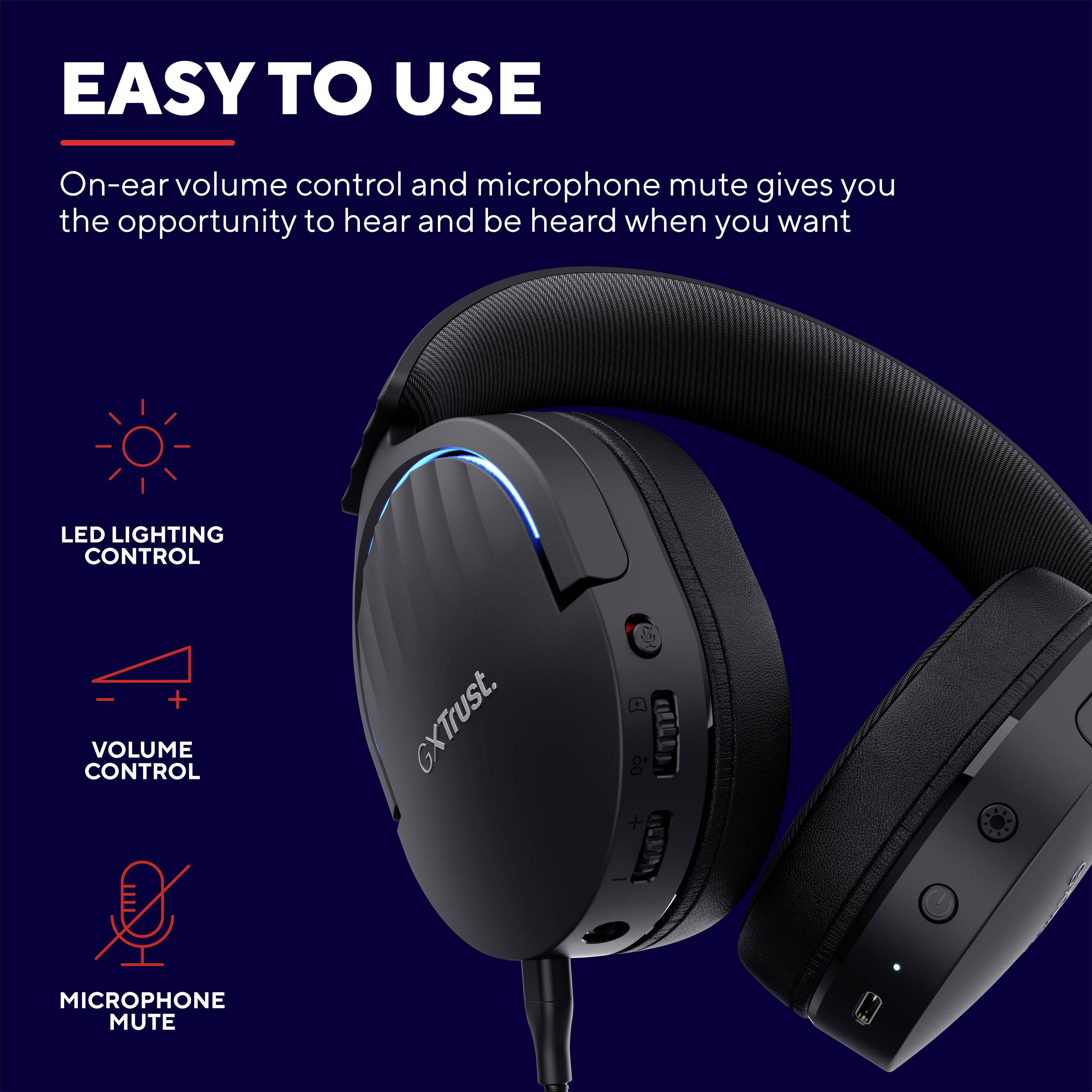 Słuchawki z regulacją głośności, podświetleniem LED, przyciskiem wyciszenia mikrofonu pod tytułem 'Przyjazne użytkownikowi'