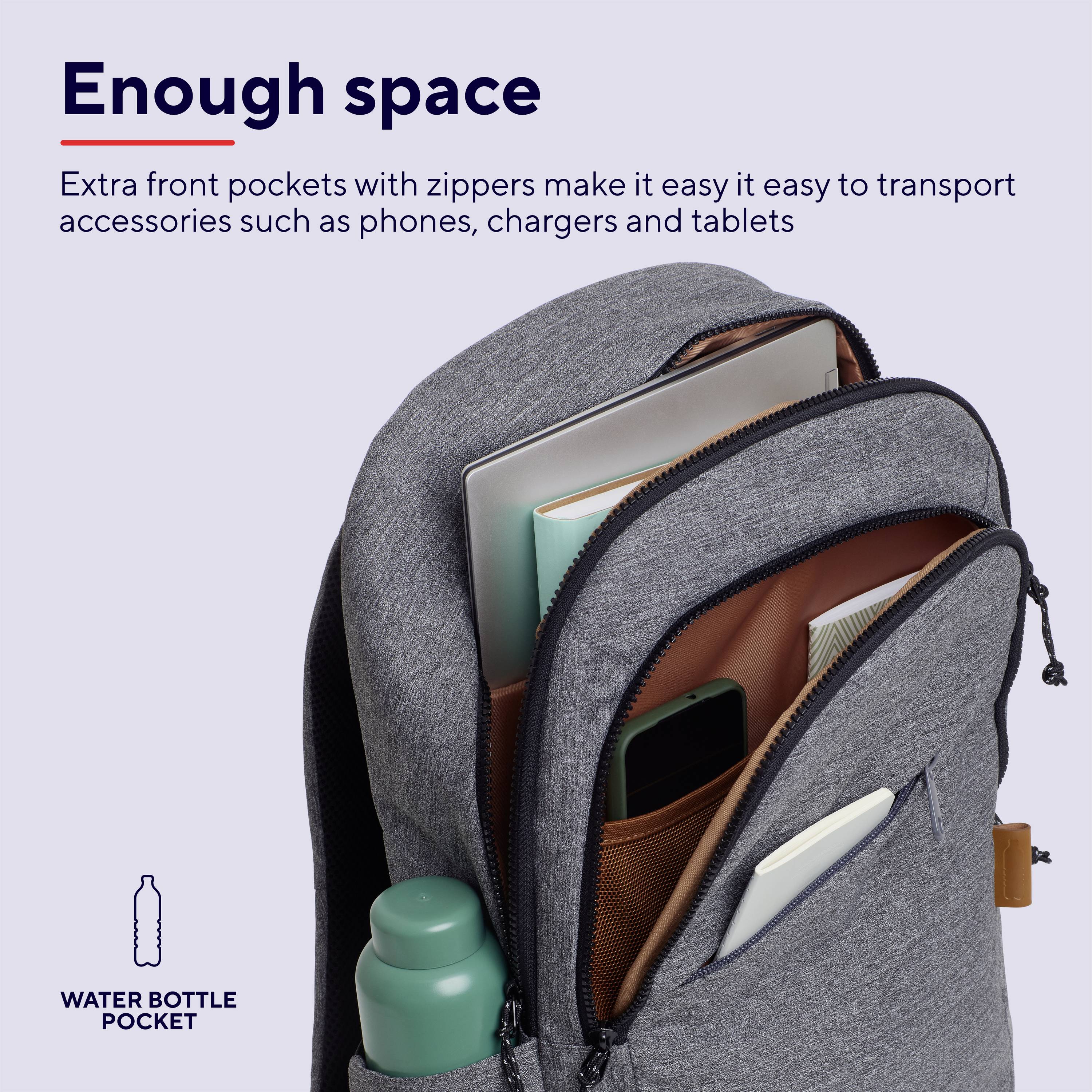 Szary plecak z otwartą kieszenią frontową prezentuje przegródki na telefon, notatnik, długopisy i butelkę wody, doskonały do organizacji.