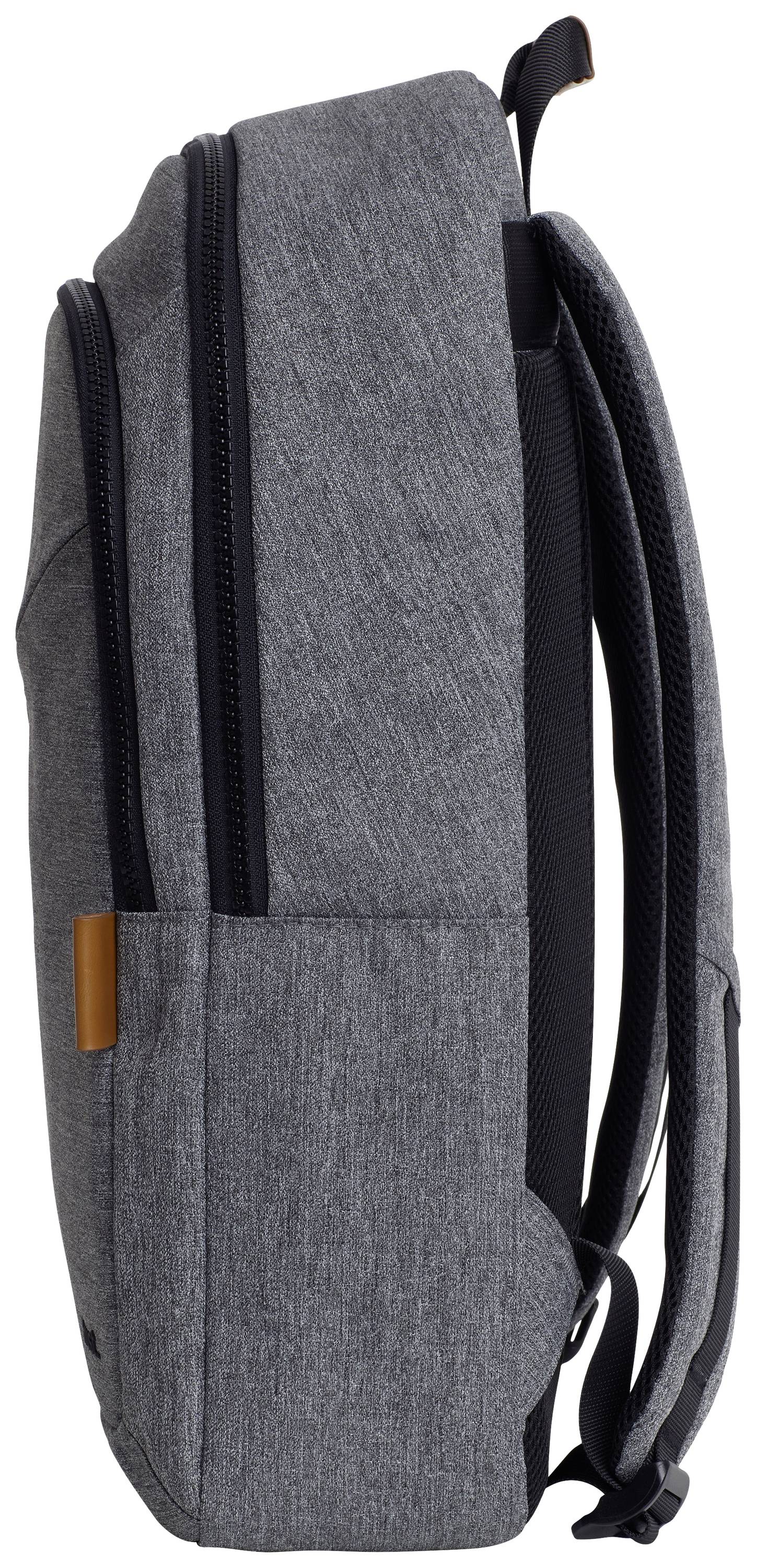 Szary plecak w widoku profilowym z zamkami błyskawicznymi w kieszeniach oraz wyściełanymi paskami na ramiona, odpowiedni do codziennego użytku.