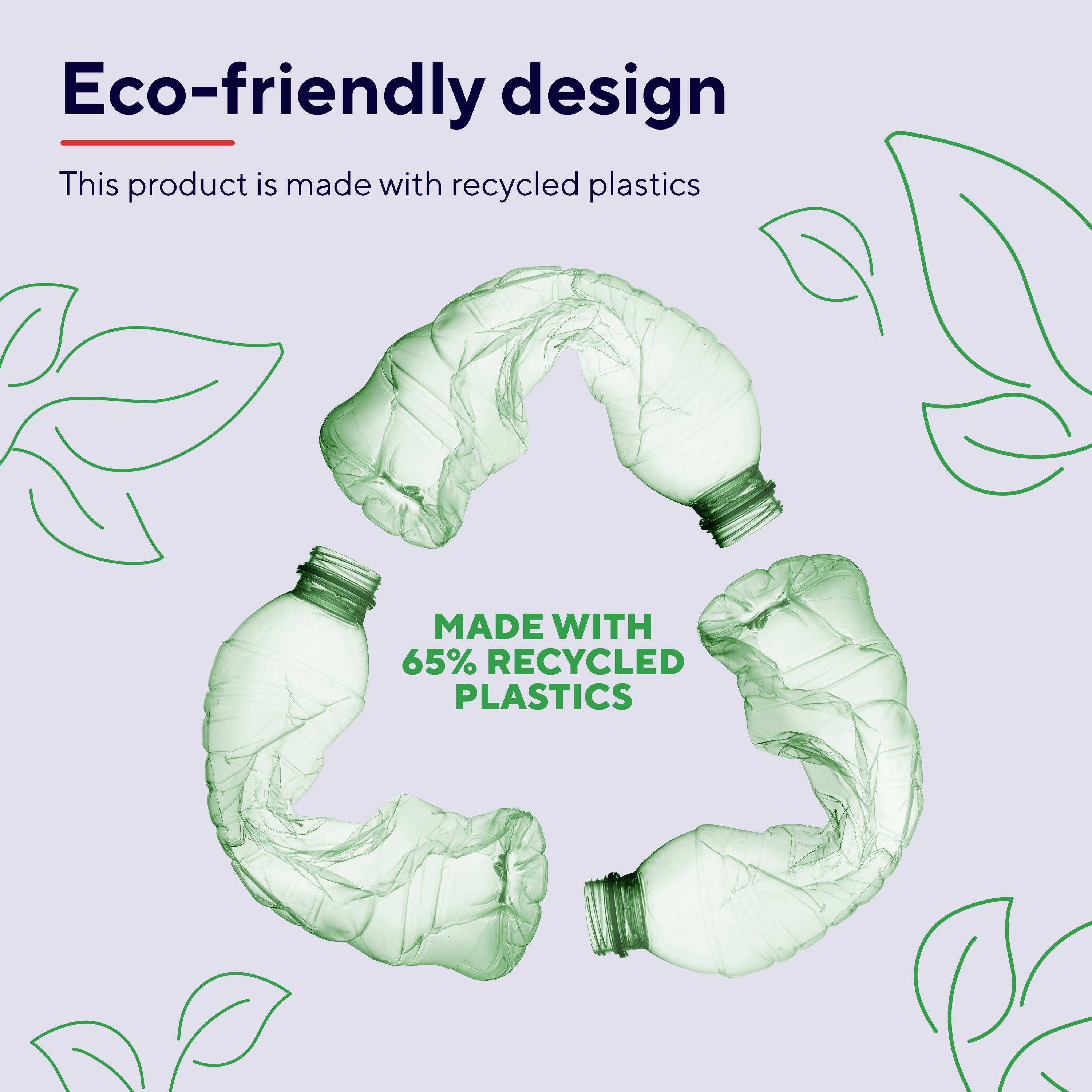 'Trzy zielone plastikowe butelki w formacji symbolu recyklingu. Tekst: "Przyjazny środowisku projekt. Ten produkt jest wykonany w 65% z plastiku z recyklingu." Zielone liście jako dekoracja.'