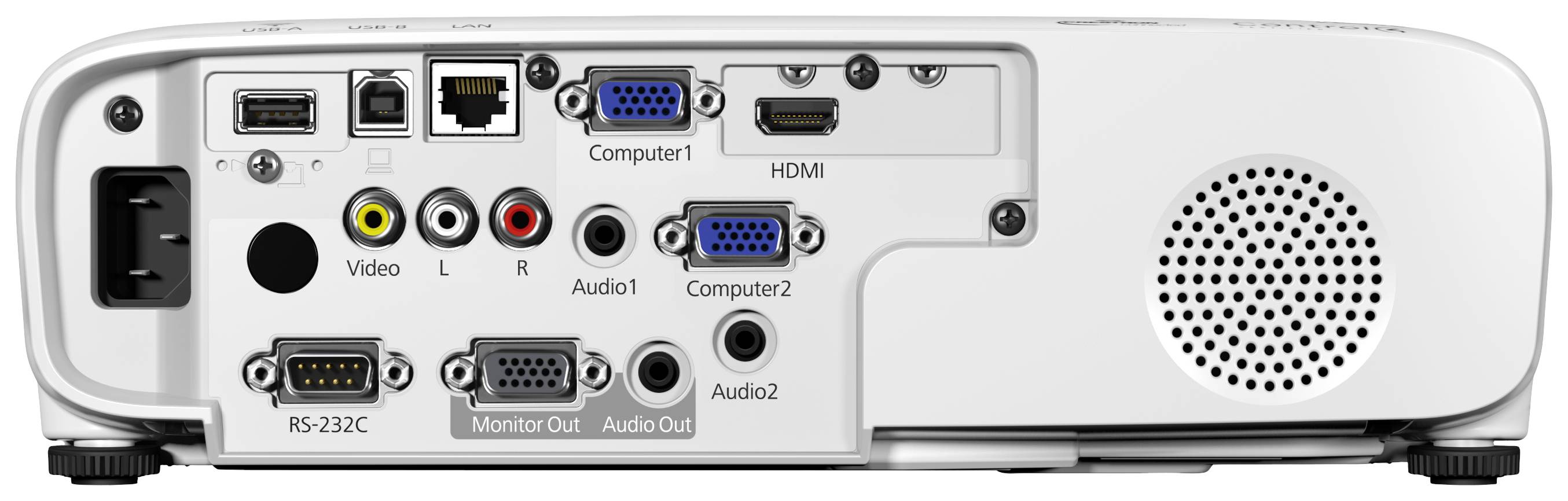 'Tylna strona projektora z różnymi złączami: HDMI, VGA, Audio, Video, LAN, USB i RS-232C. Nadaje się do wielorakich podłączeń urządzeń.'