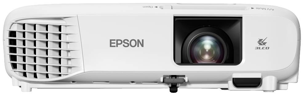 Biały projektor Epson 3LCD z obiektywem centralnym i otworami wentylacyjnymi po lewej stronie. Idealny do prezentacji i kina domowego.