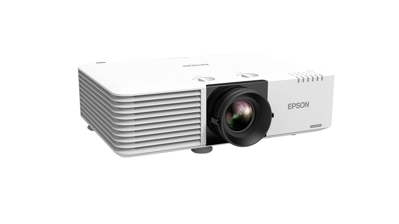 Biały projektor Epson z dużym obiektywem, odpowiedni do prezentacji i oglądania filmów. Nazwa modelu widoczna na górnej części urządzenia.