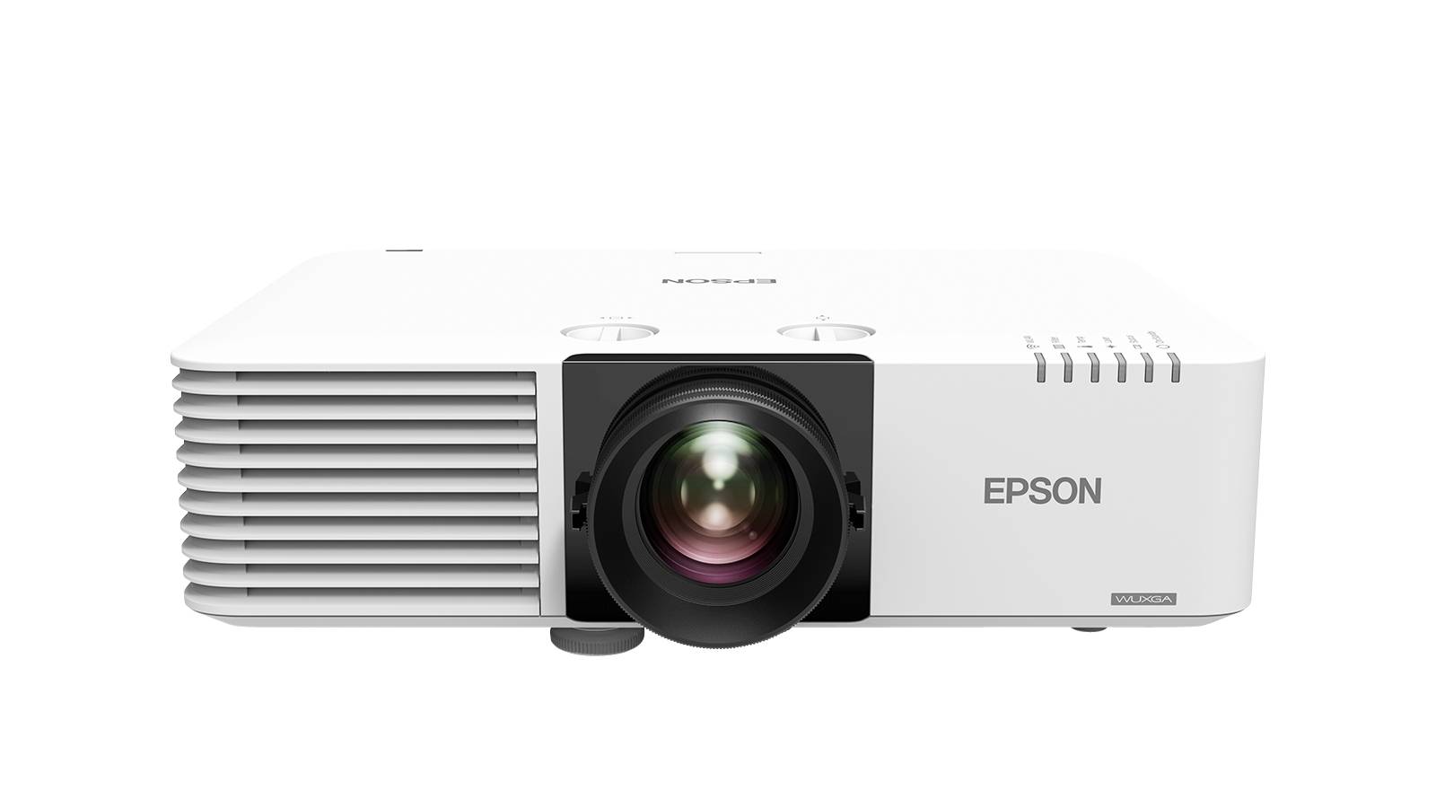 Biały projektor Epson widziany z przodu. Obiektyw znajduje się na środku, po bokach otoczony otworami wentylacyjnymi.
