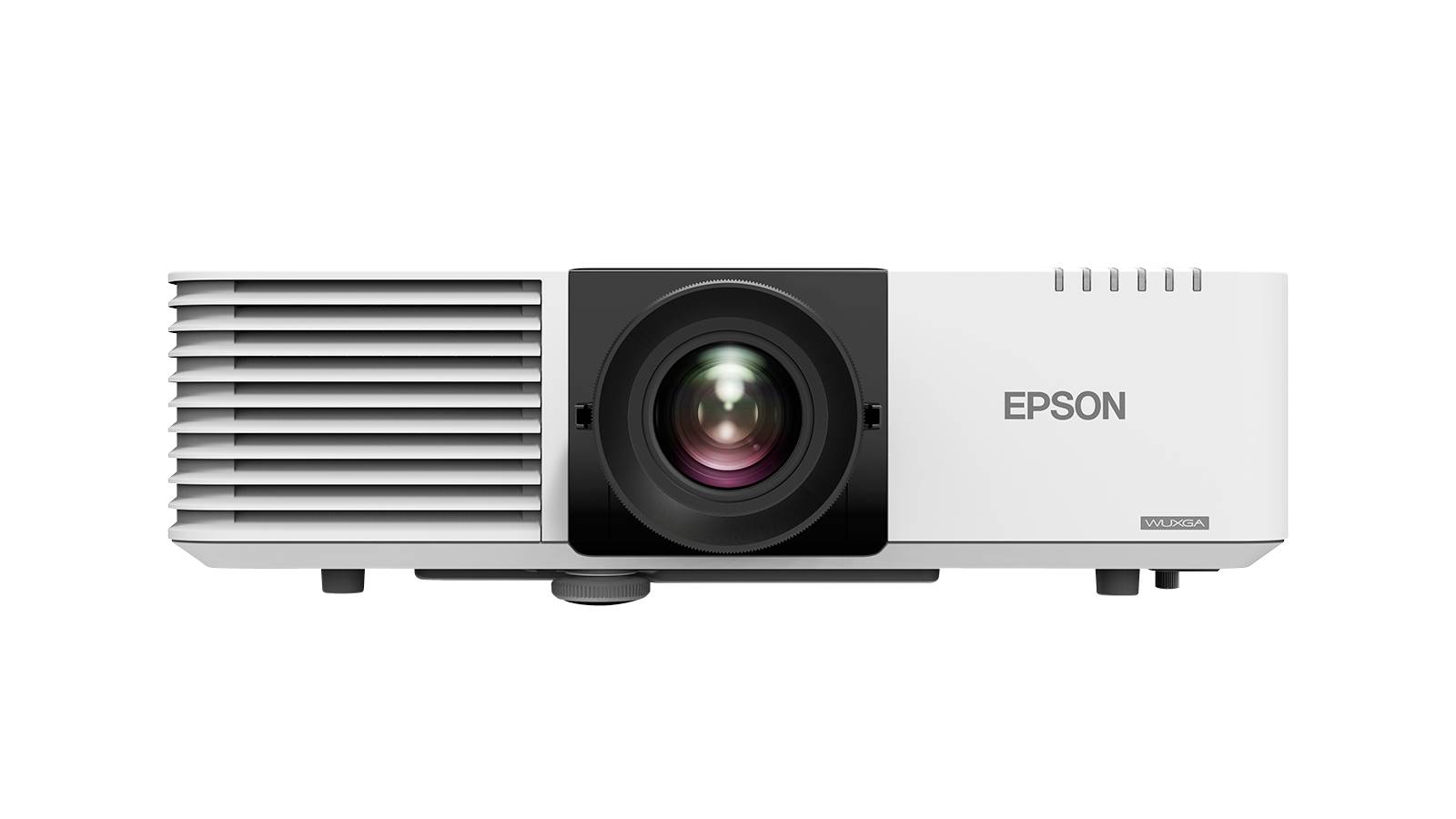 Projektor marki Epson, widok z przodu, z obiektywem pośrodku. Kratka wentylacyjna po lewej stronie, odpowiedni do prezentacji.