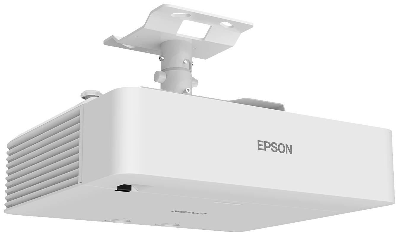 Biały projektor Epson do montażu sufitowego, idealny do domowego kina lub prezentacji. Charakteryzuje się prostym, nowoczesnym designem.